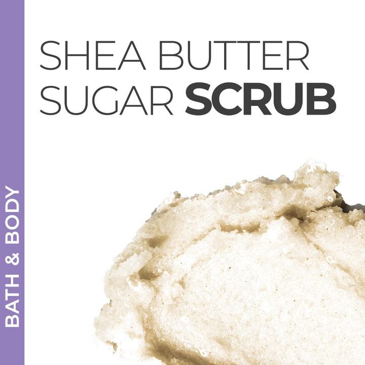 Pravada Private Label shea butter sugar body scrub in a clear tub, from Pravada's own product listing.