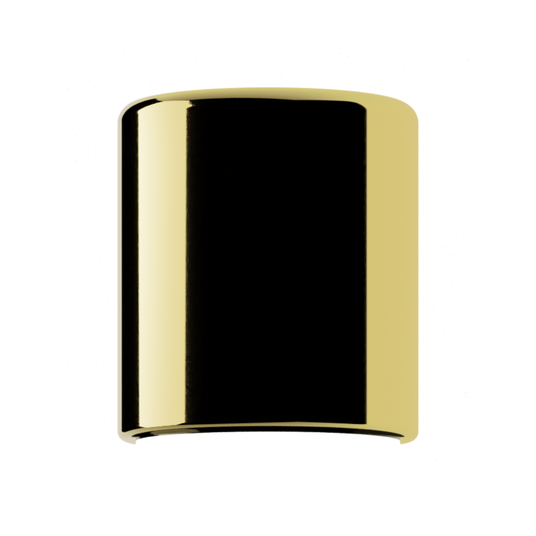 Shiny gold metallic disc cap sample for private label, stylish closure for cosmetic bottles.