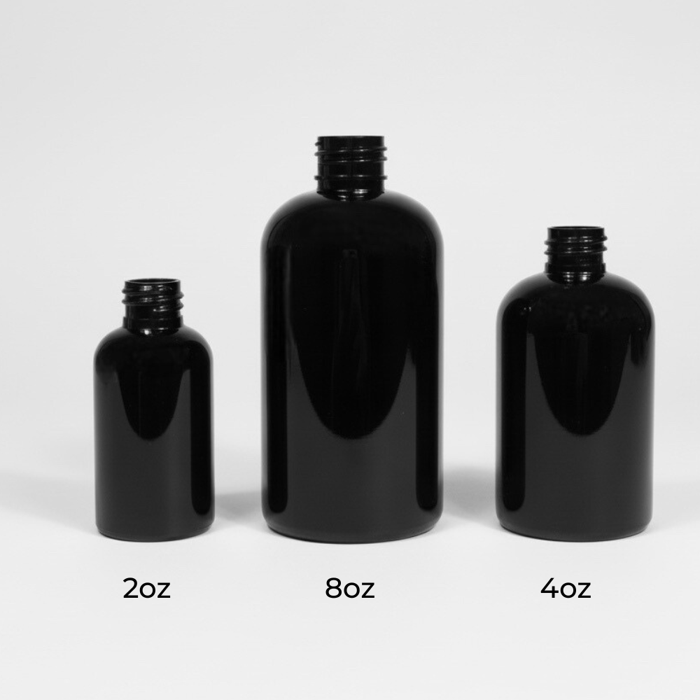 Pravada private Label Boston Round Squat Black Plastic Bottle - 2oz